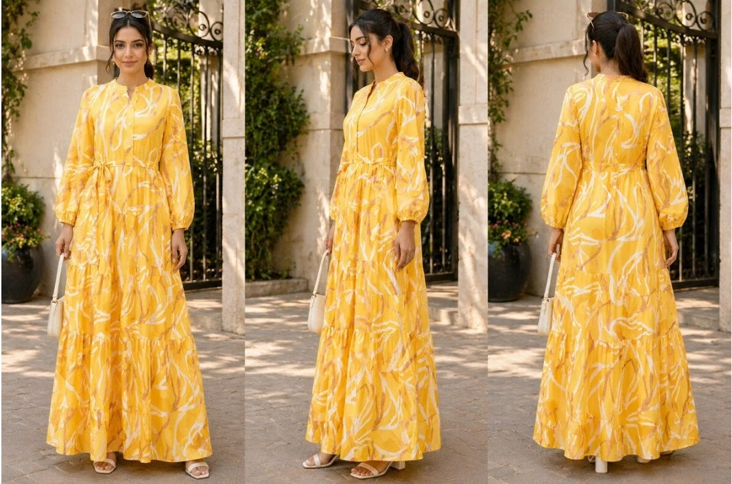 LINELLE Yellow & White Abstract Print Tiered Casual Dress