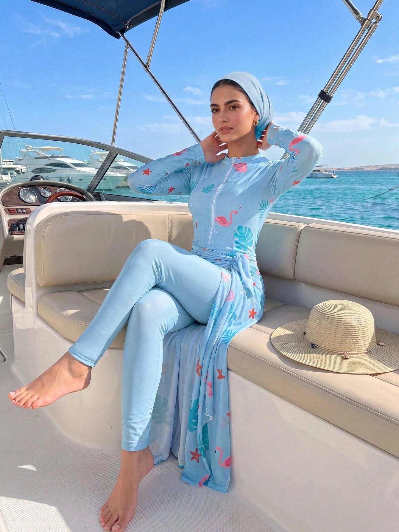 Veilorie 3pcs Women's Summer Fashion Ocean Element Printed Burkini Set