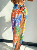 SHEIN Swim Women's Tropical Plant Printed Waist Tie Cover-Up Shirt With Side Slit Hem, Skirt,Summer Beach