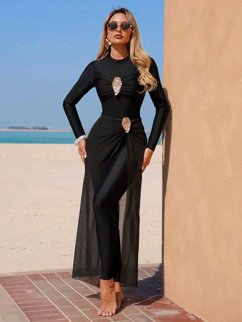 Swim Mulvari Women's New Solid Color Round Neck Long Sleeve Fitted One Piece Swimsuit And Fitted Long Pants Beach Skirt Set