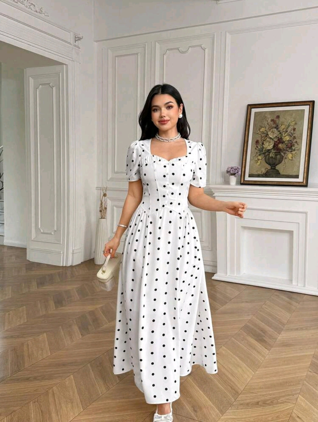 Modelyn Women's Elegant French White And Black Polka Dot Print Backless Long Dress, Summmer Tea Party