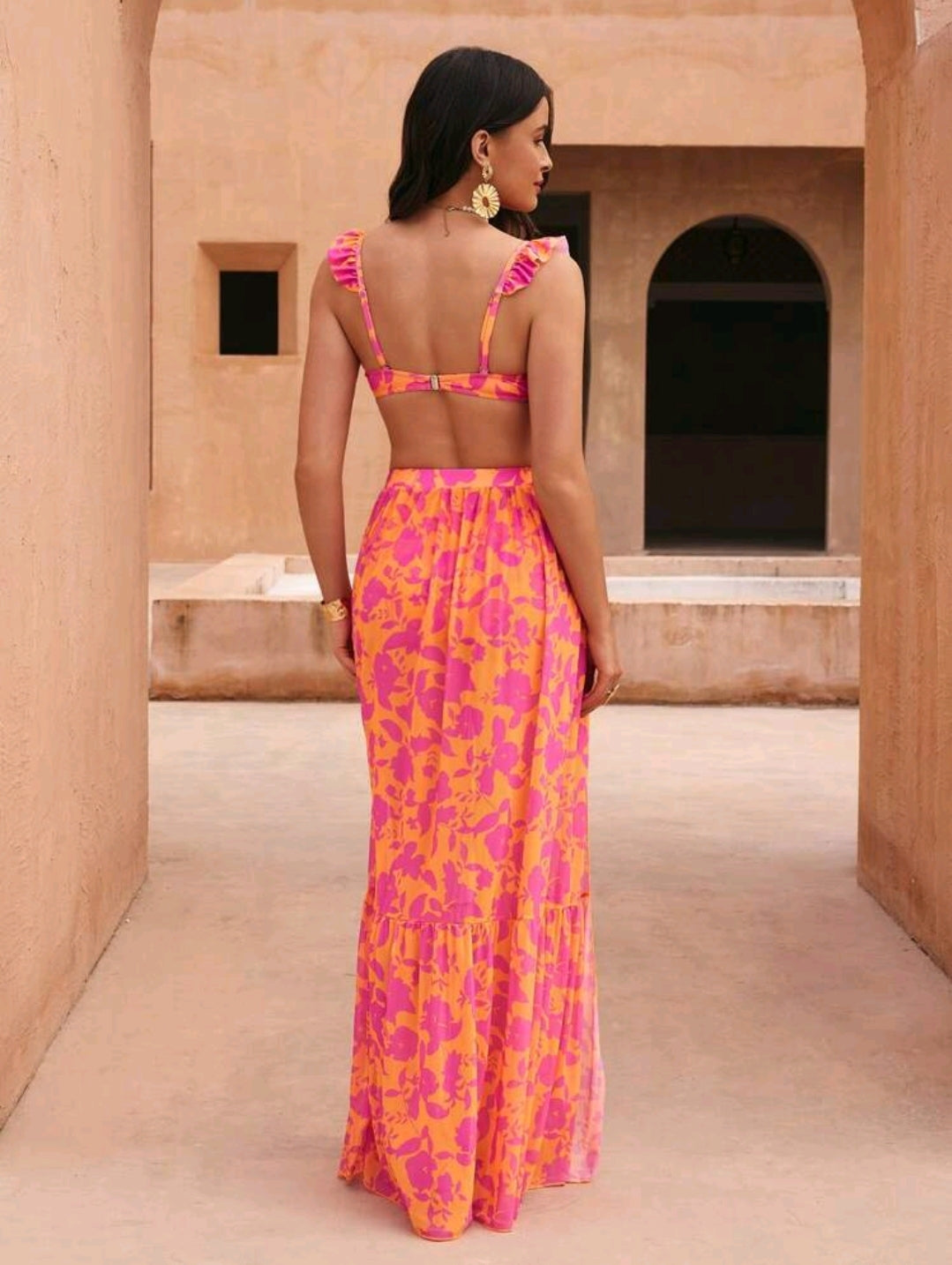 Swim Oasis 3pcs/Set Women's Summer Beach Vacation Sexy Floral Print Push Up Ruffle Strap Top And High Waisted Swimwear With Double Ruffle Mesh Cover Up Maxi Dress Bikini Set