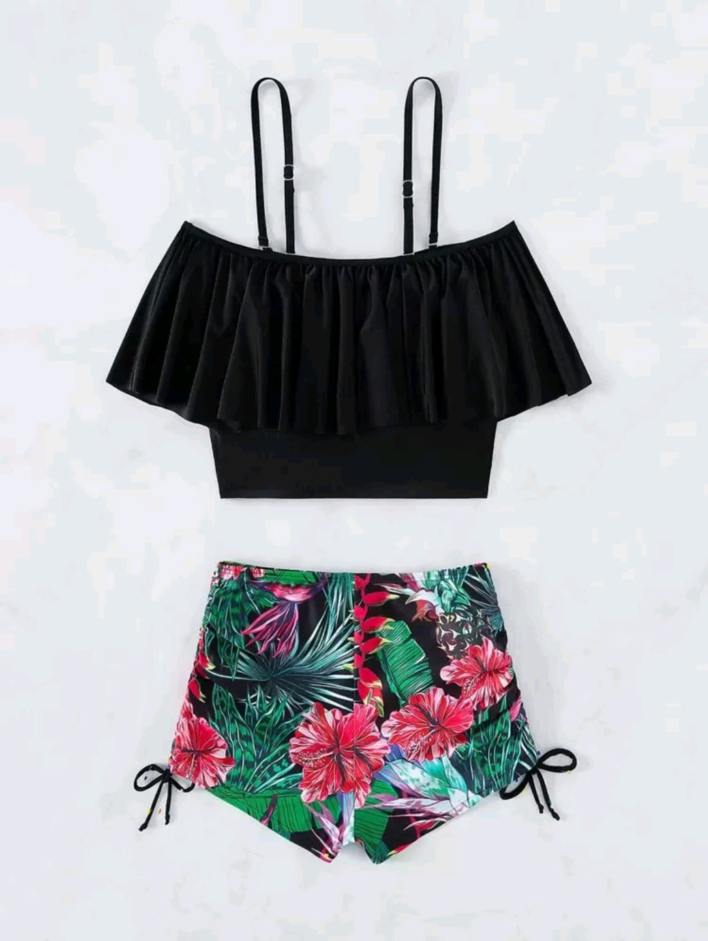 Swim Lushoire Summer Beach Tropical Tankini Set Cold Shoulder Ruffle Top & High Waisted Shorts 2 Piece Bathing Suit