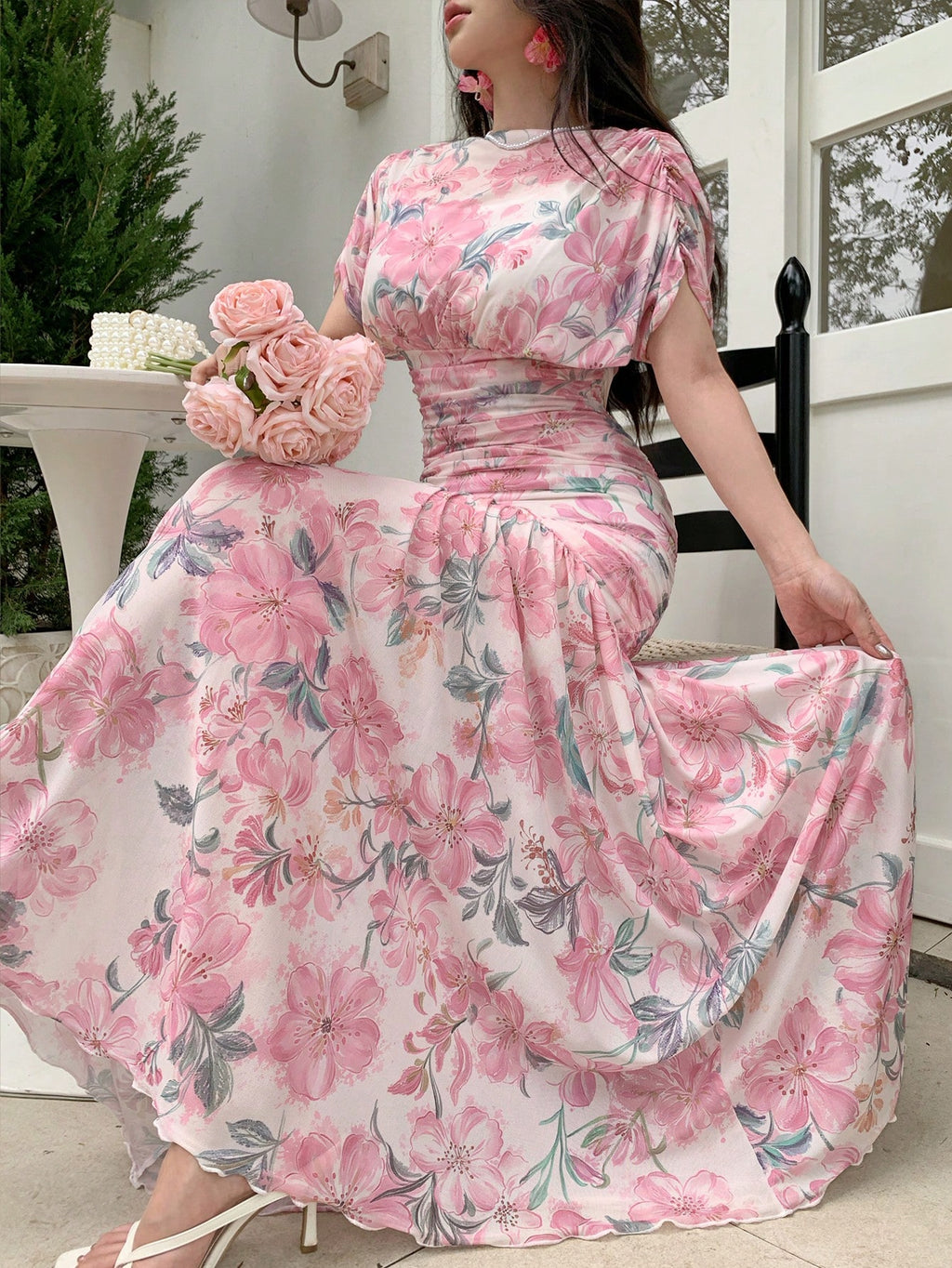 Modelyn Elegant Floral Print Chiffon Dress, Pleated Graceful High-End Fashion Summer Evening Gown For Women