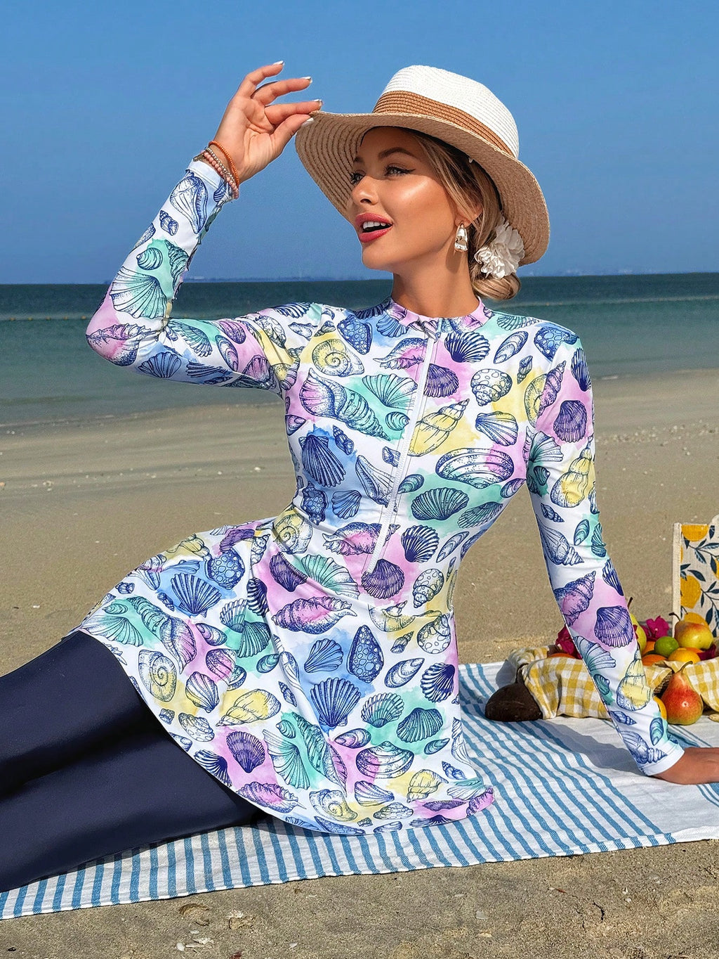 Swim Shayni 2pcs/Set Women's White Base Colorful Seashell Random Print Long Sleeve Half Zip Bodycon Top And A-Line Dress With Leggings, Middle Eastern Ladies Bikini