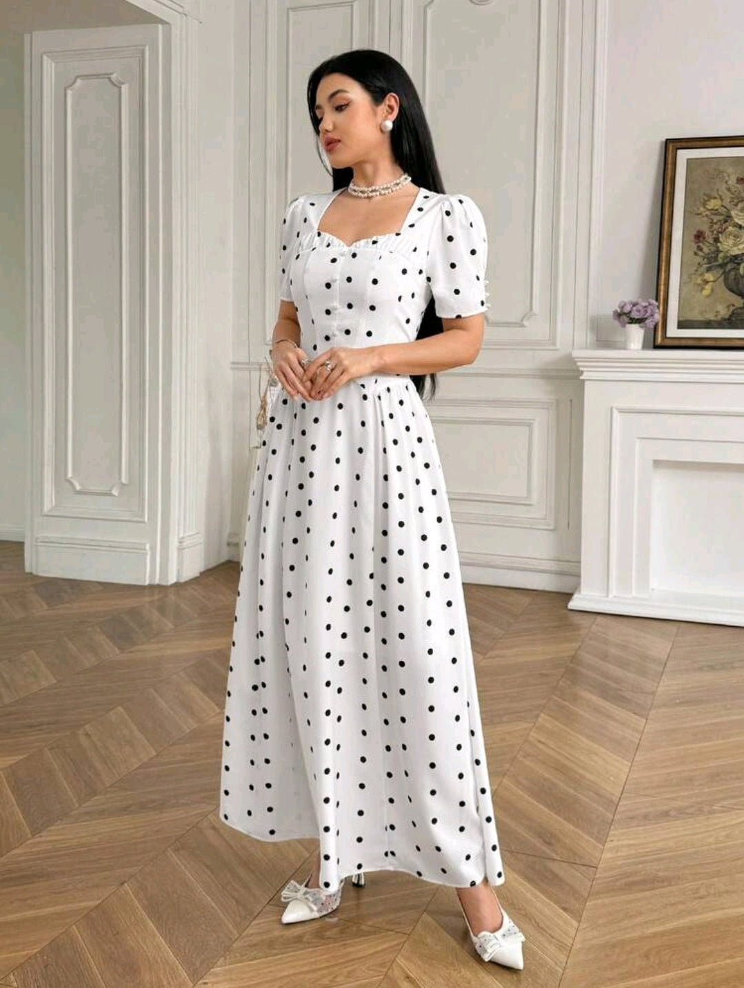 Modelyn Women's Elegant French White And Black Polka Dot Print Backless Long Dress, Summmer Tea Party