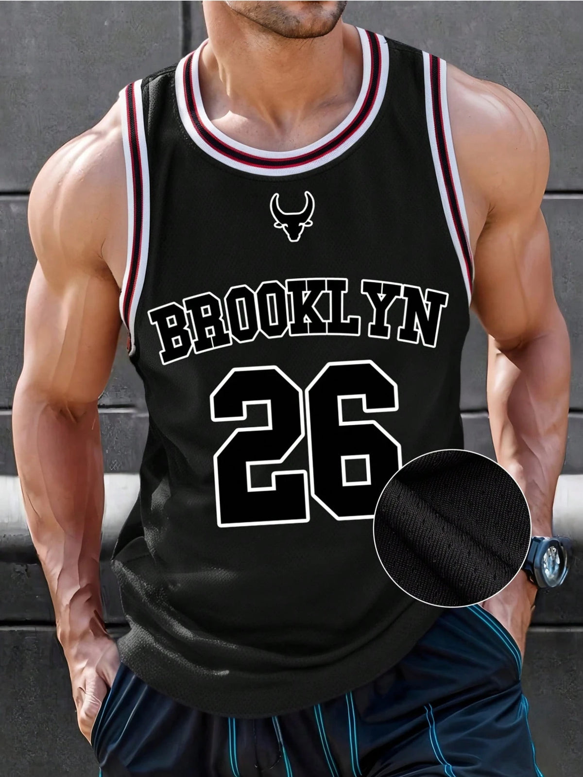 Shwiy Men's Fashion Brooklyn Printed Basketball Team Number 26 Solid Color Patchwork Round Neck Sleeveless Casual Basketball Jersey, Spring/Summer