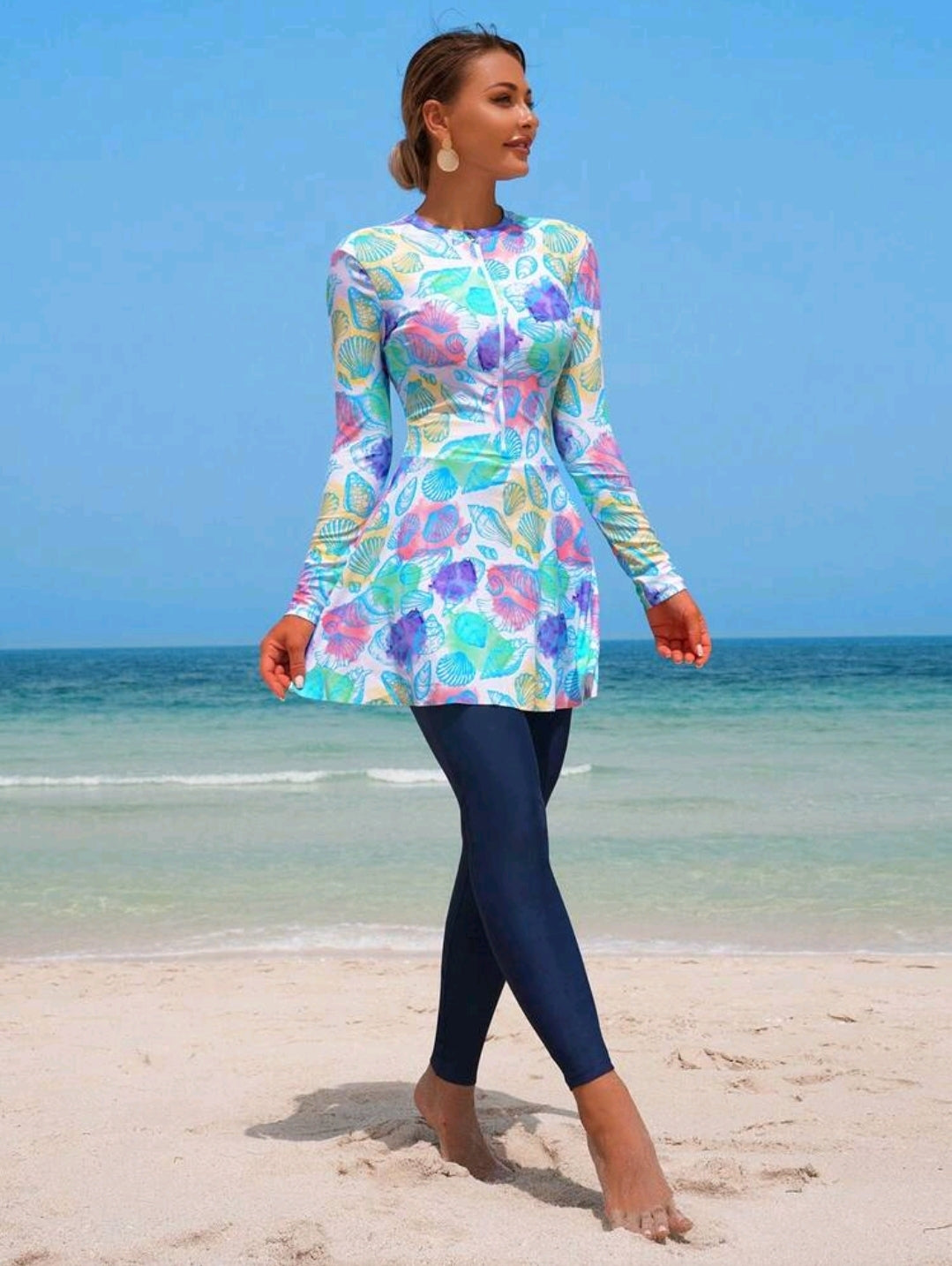 Swim Shayni 2pcs/Set Women's White Base Colorful Seashell Random Print Long Sleeve Half Zip Bodycon Top And A-Line Dress With Leggings, Middle Eastern Ladies Bikini