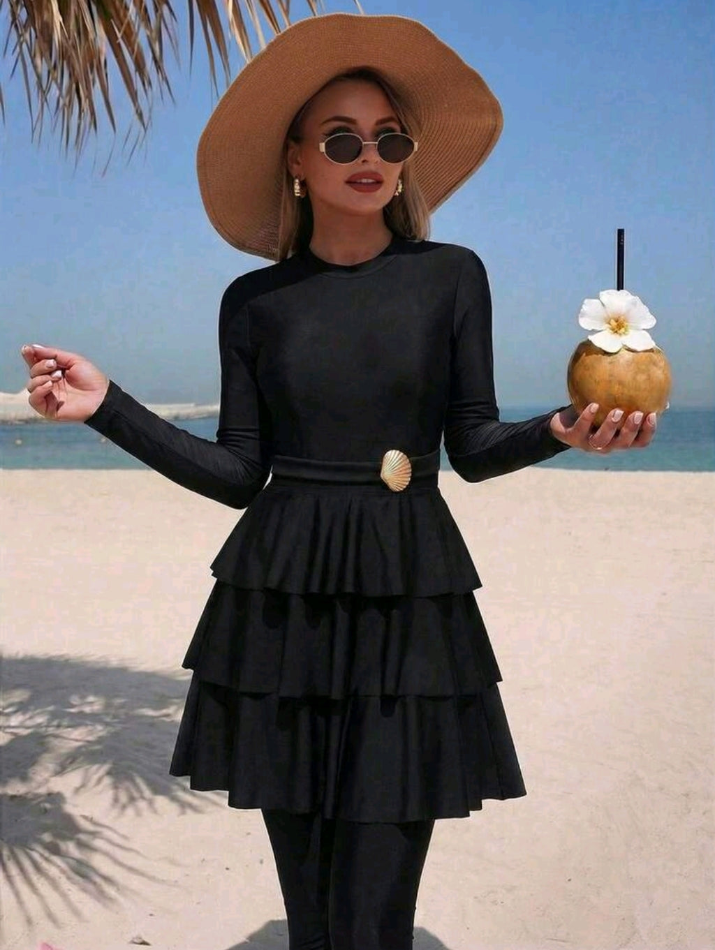 Swim Mulvari 2pcs Set Solid Color High Neck Long Sleeve Top And Modest Pants With Abdominal Decor, Elegant Swimwear