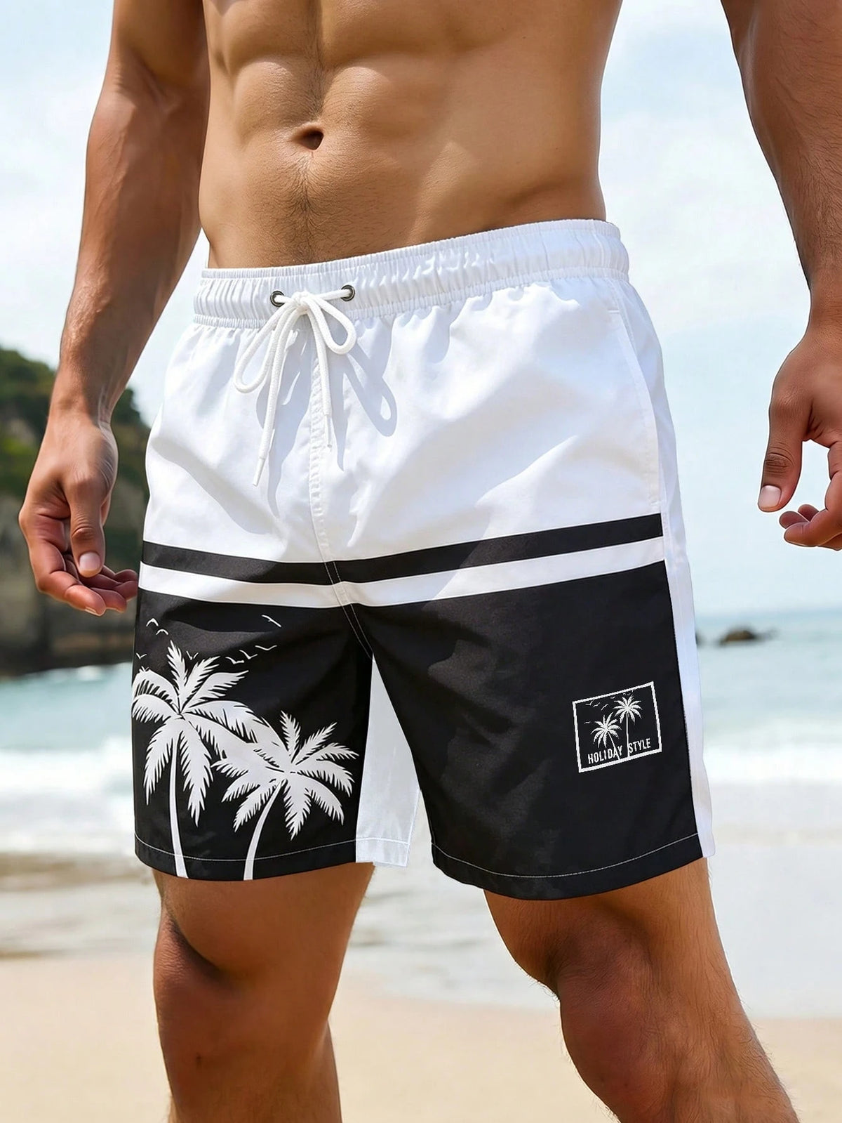 VIVINTIMO Men's Elastic Waist Drawstring Casual Starfish Print Beach Shorts, Summer Holiday / Vacation / Beach / Hawaii / Tropical / Swim /  Bathing