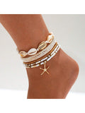 7pcs/Set Women Bohemian Style Starfish Braided Anklet, Sea Shell Bead Anklet For Spring/Summer Beach