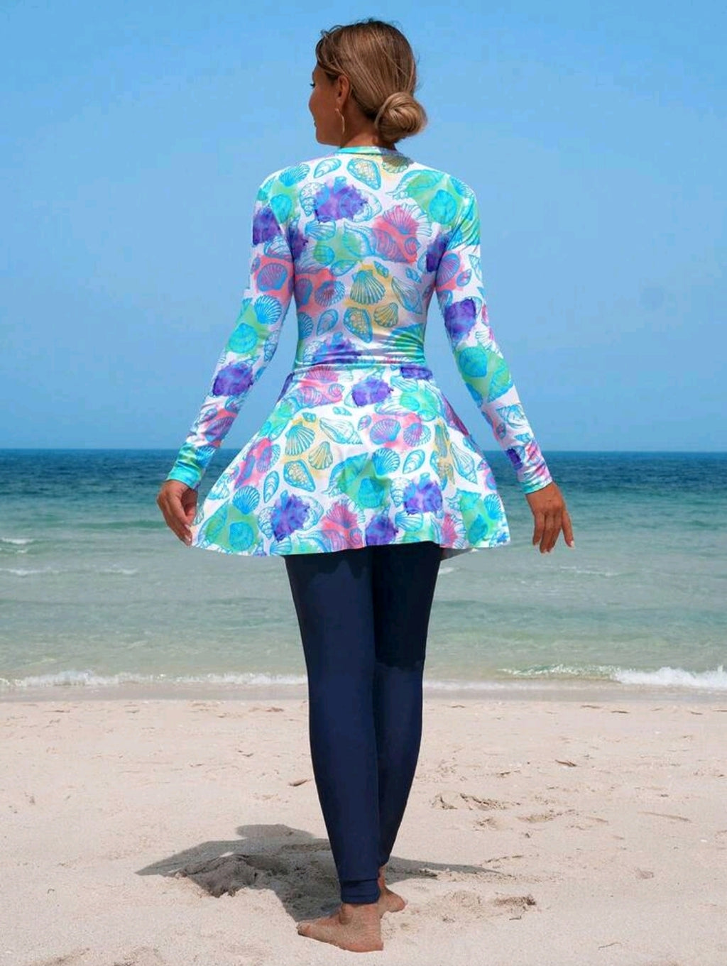 Swim Shayni 2pcs/Set Women's White Base Colorful Seashell Random Print Long Sleeve Half Zip Bodycon Top And A-Line Dress With Leggings, Middle Eastern Ladies Bikini