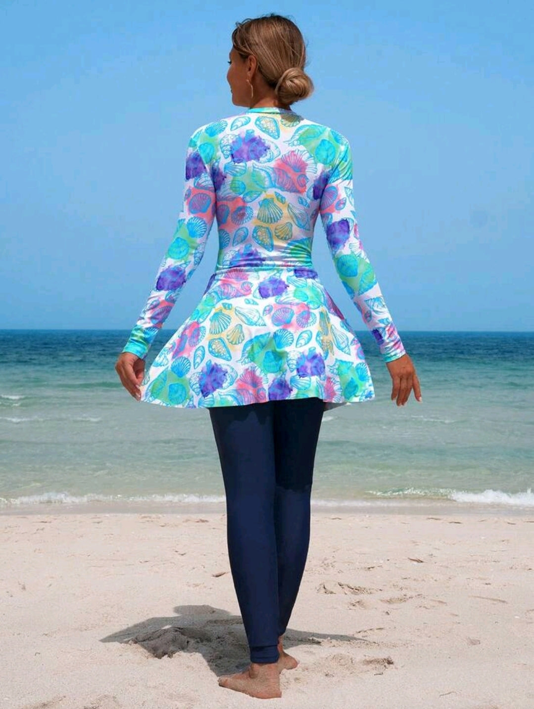 Swim Shayni 2pcs/Set Women's White Base Colorful Seashell Random Print Long Sleeve Half Zip Bodycon Top And A-Line Dress With Leggings, Middle Eastern Ladies Bikini