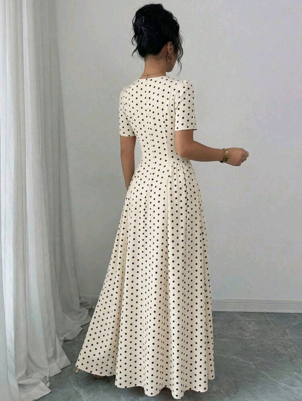 Elenzga Women's Elegant Romantic Polka Dot French Square Collar Puff Sleeve Cinched Waist Flowing Dress
