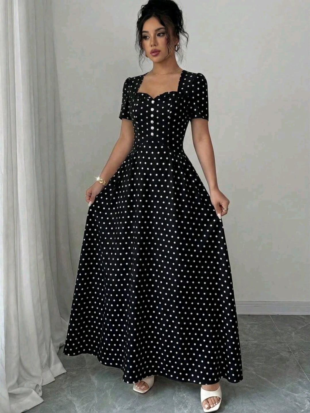 Elenzga Women's Elegant Romantic Polka Dot French Square Collar Puff Sleeve Cinched Waist Flowing Dress