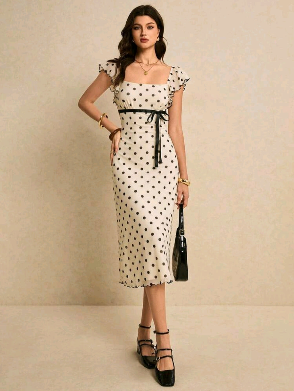 Poéselle Women's Fitted Midi Polka Dot Dress With Square Neck Short Sleeves And Zipper Detail Elegant Apricot Knitted Fabric