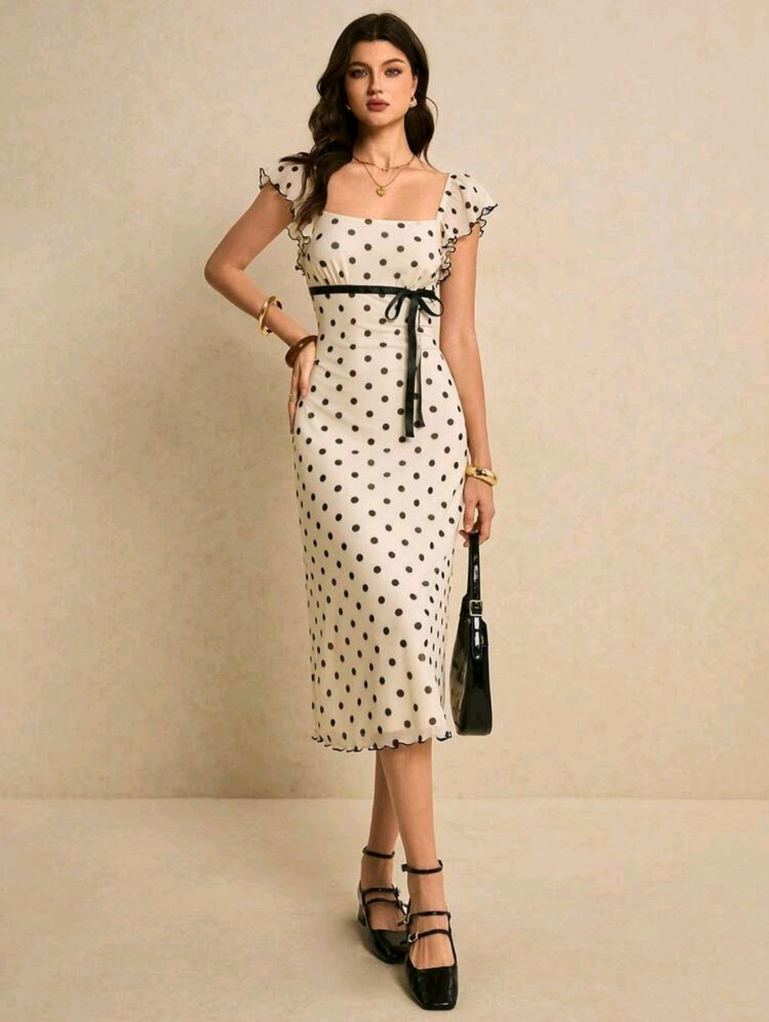 Poéselle Women's Fitted Midi Polka Dot Dress With Square Neck Short Sleeves And Zipper Detail Elegant Apricot Knitted Fabric
