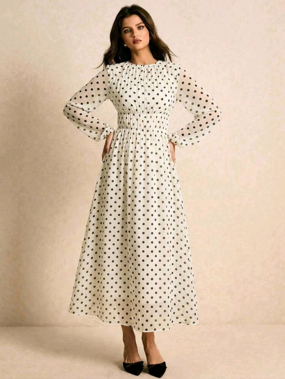 Poéselle Women's Polka Dot Print Round Neck Lantern Sleeve Ruched Long Dress, Brown Dress,Legant Dresses For Women,New Year Dress Women ,Casual Outfit For Women,Old Money Style, Suitable For Daily Wear, Going Out, Commuting,Fall/Winter