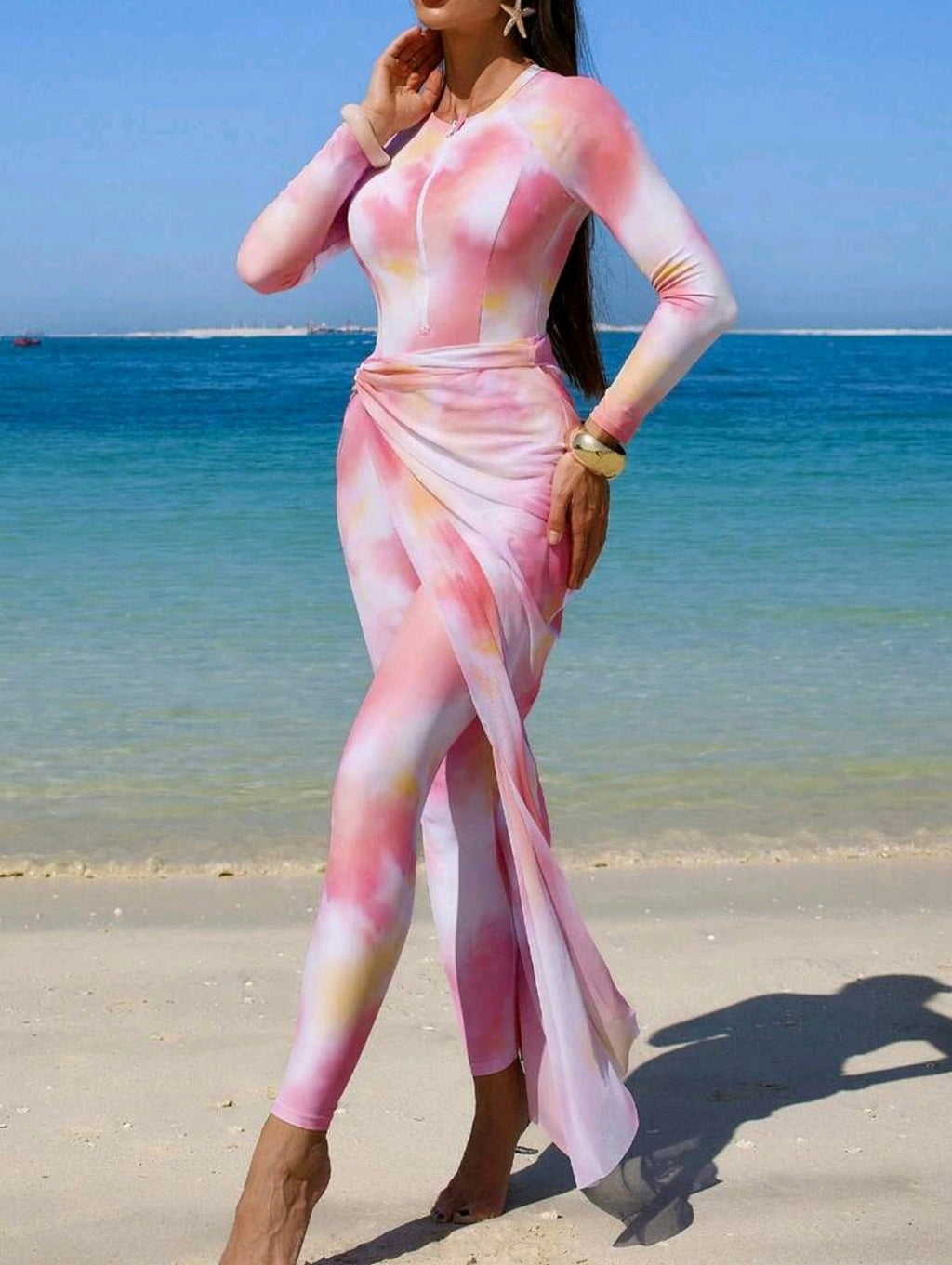 Swim Shayni Spring/Summer Hot Selling Ombre Print Zipper Front Swimwear + Solid Color Elastic Waist Pants + Ombre Print Waist Slit Skirt 3-Piece Burkini Set