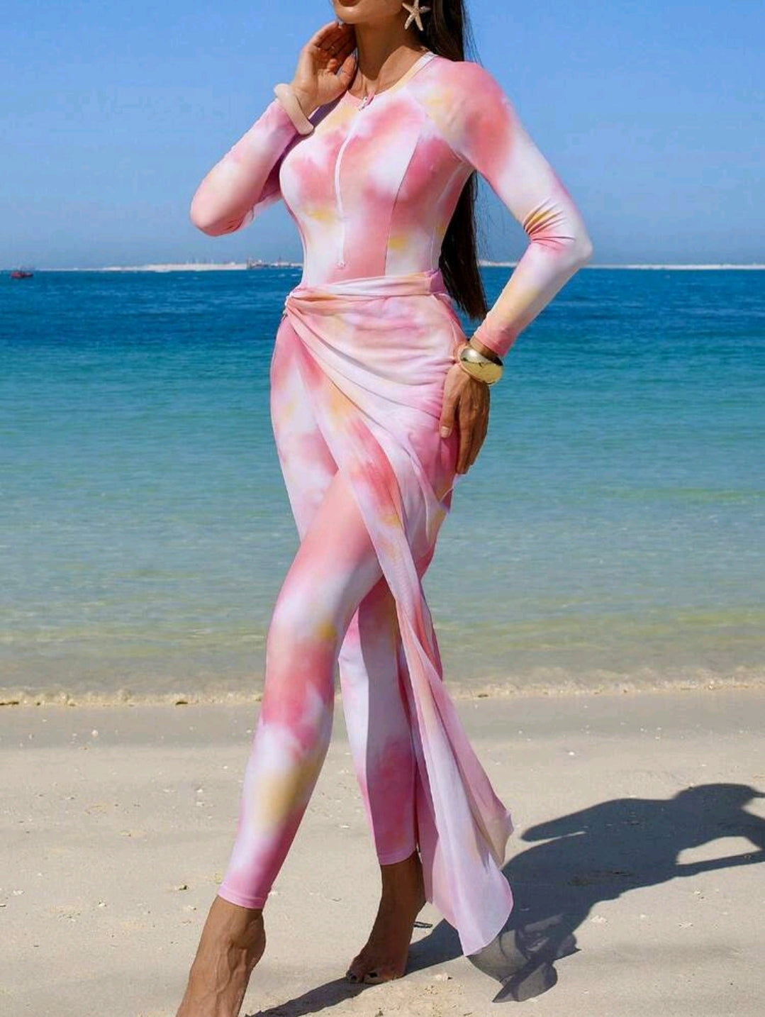 Swim Shayni Spring/Summer Hot Selling Ombre Print Zipper Front Swimwear + Solid Color Elastic Waist Pants + Ombre Print Waist Slit Skirt 3-Piece Burkini Set