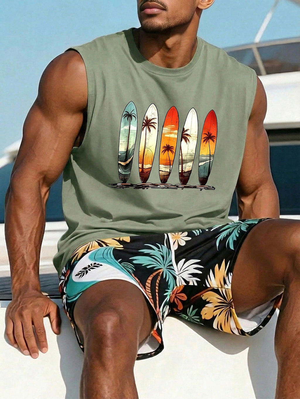 1pc Men's Summer Printed Round Neck Casual Tank Top