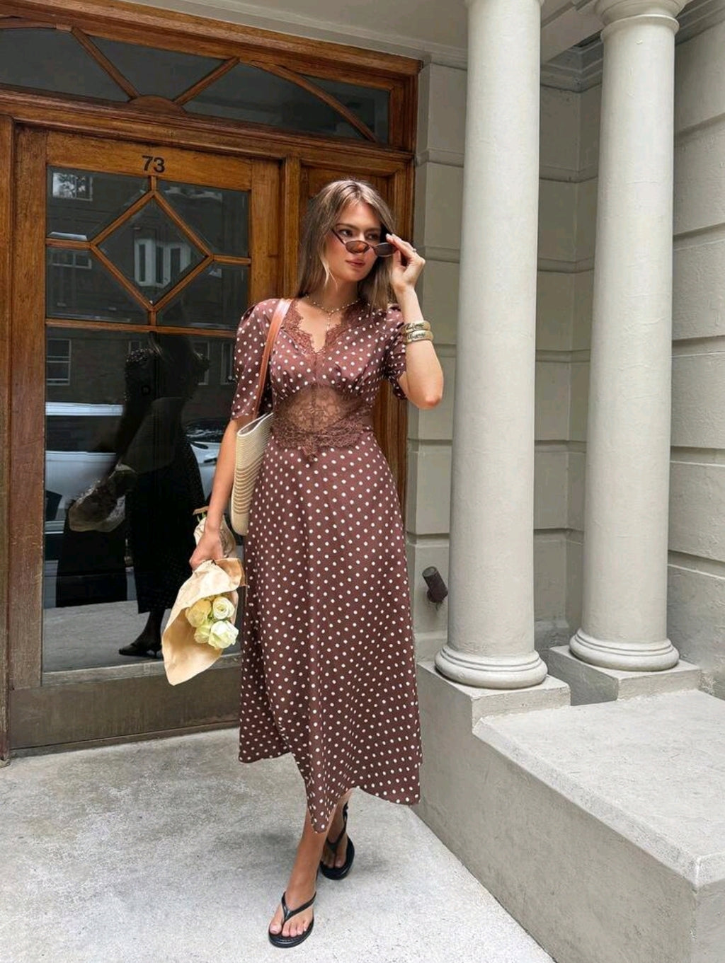 Serisse Women's Polka Dot Contrast Lace V-Neck Petal Sleeve Dress,French Summer Brown Vintage Polka Dot Lace Patchwork Short Sleeve Mid-Length Dress, Waist Cinching Slimming, Elegant Streetwear/Date Outfit Best Seller, Brown Polka Dot Dress, Brown Summer