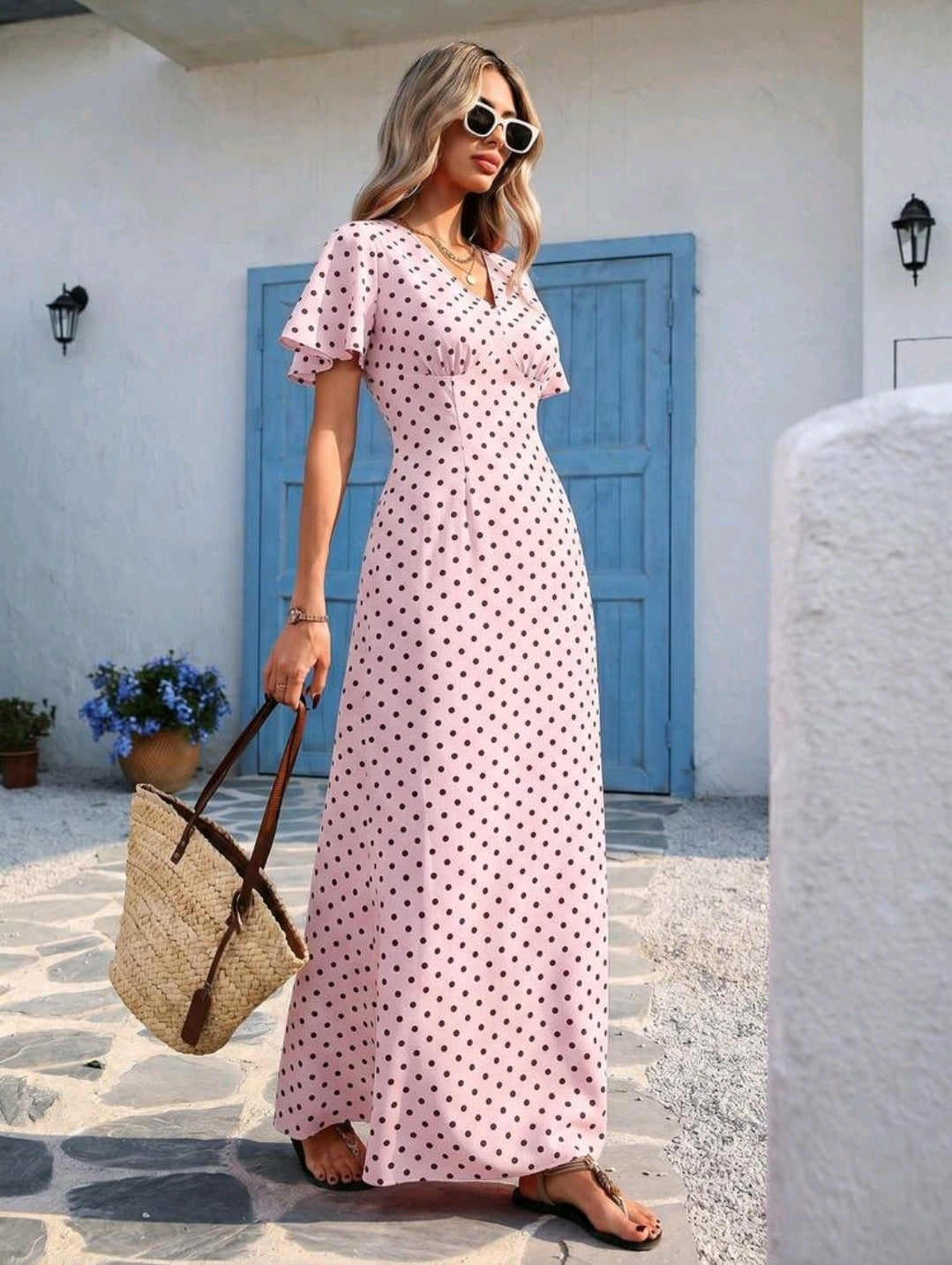 Vivid Eden Wave Pattern V-Neck Short Sleeve Fitted Women's Dress Spring And Summer Outfits, Summer Clothes, Valentine Day, Vacation Outfits Woman, Beach Outfits For Woman, Festival, Romantic And Elegant Clothing, Bohemian, BOHO, Sweet, Rave Outfits Festiv