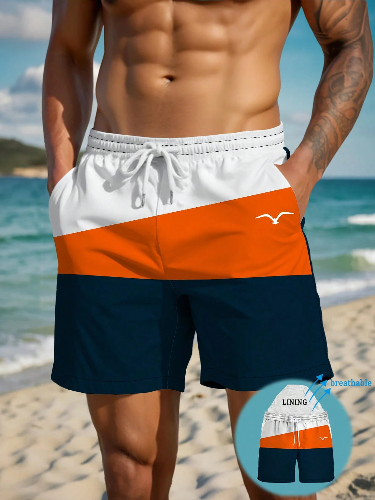 Men's Summer Printed Pattern Drawstring Waist Slant Pocket Hawaiian Quick-Dry Double-Layer Mesh Lined Shorts, Seagull Contrast Color 3D Artistic Print, Fashionable Casual Beachwear Swim Trunks