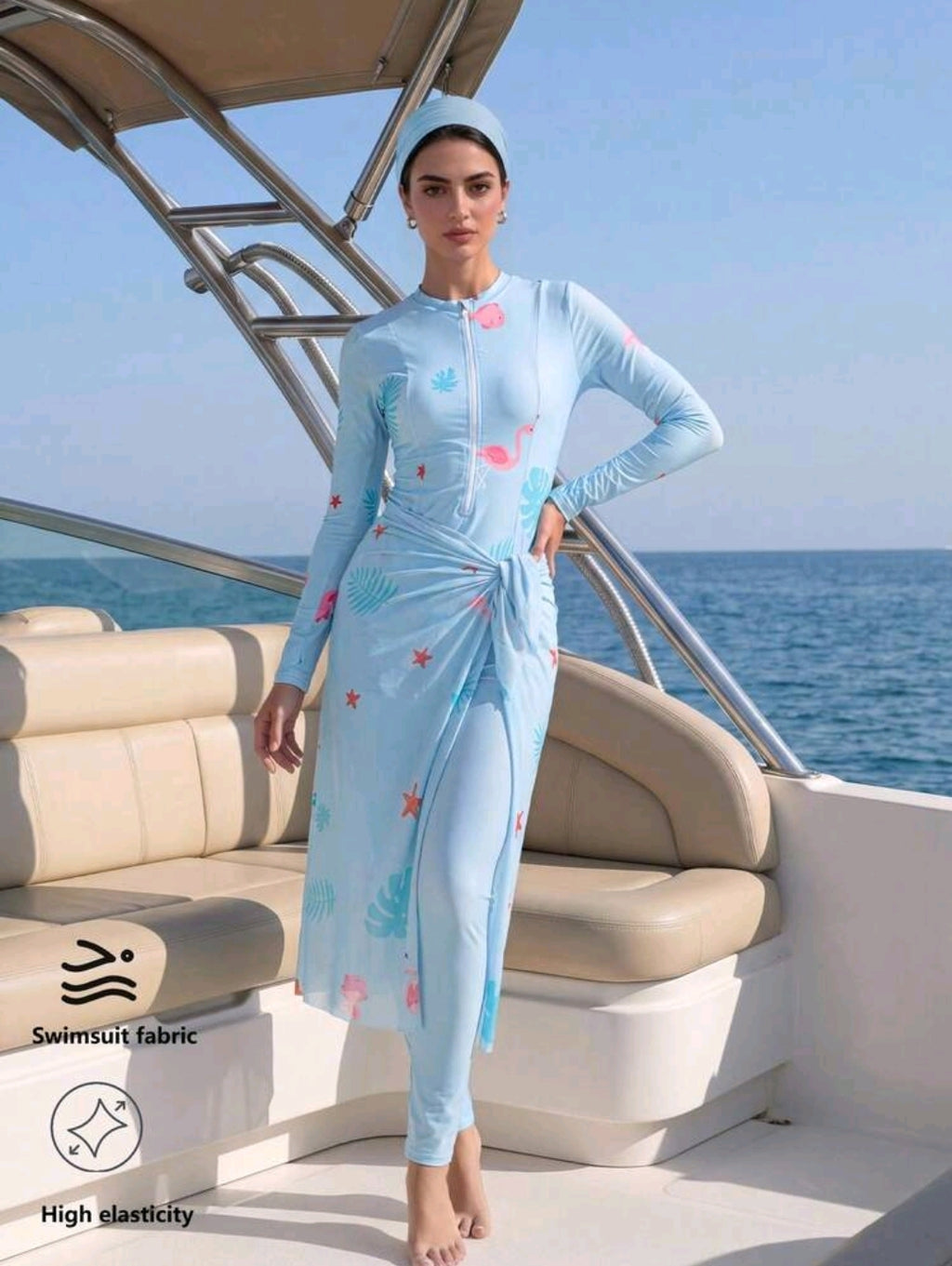 Veilorie 3pcs Women's Summer Fashion Ocean Element Printed Burkini Set