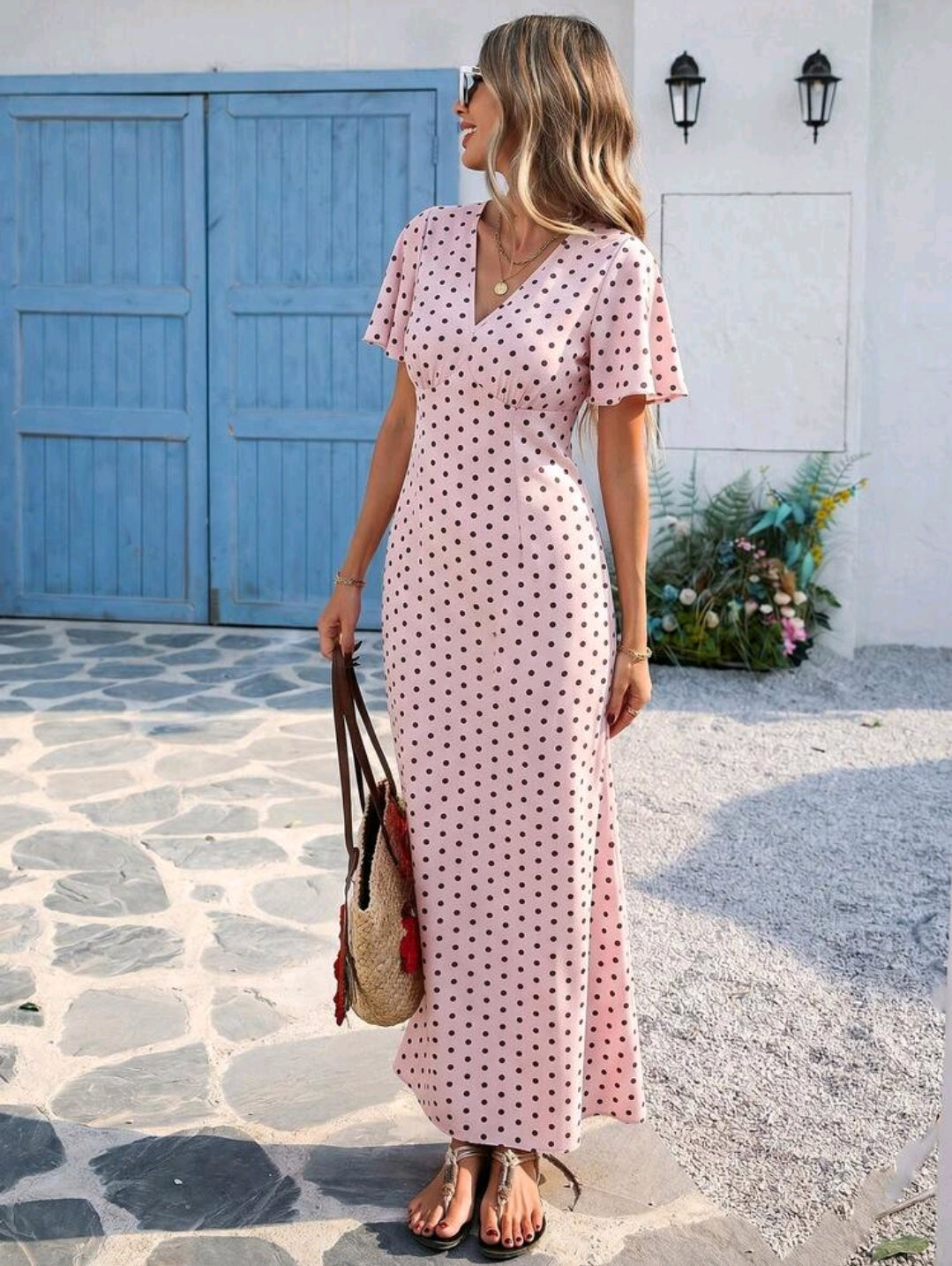 Vivid Eden Wave Pattern V-Neck Short Sleeve Fitted Women's Dress Spring And Summer Outfits, Summer Clothes, Valentine Day, Vacation Outfits Woman, Beach Outfits For Woman, Festival, Romantic And Elegant Clothing, Bohemian, BOHO, Sweet, Rave Outfits Festiv