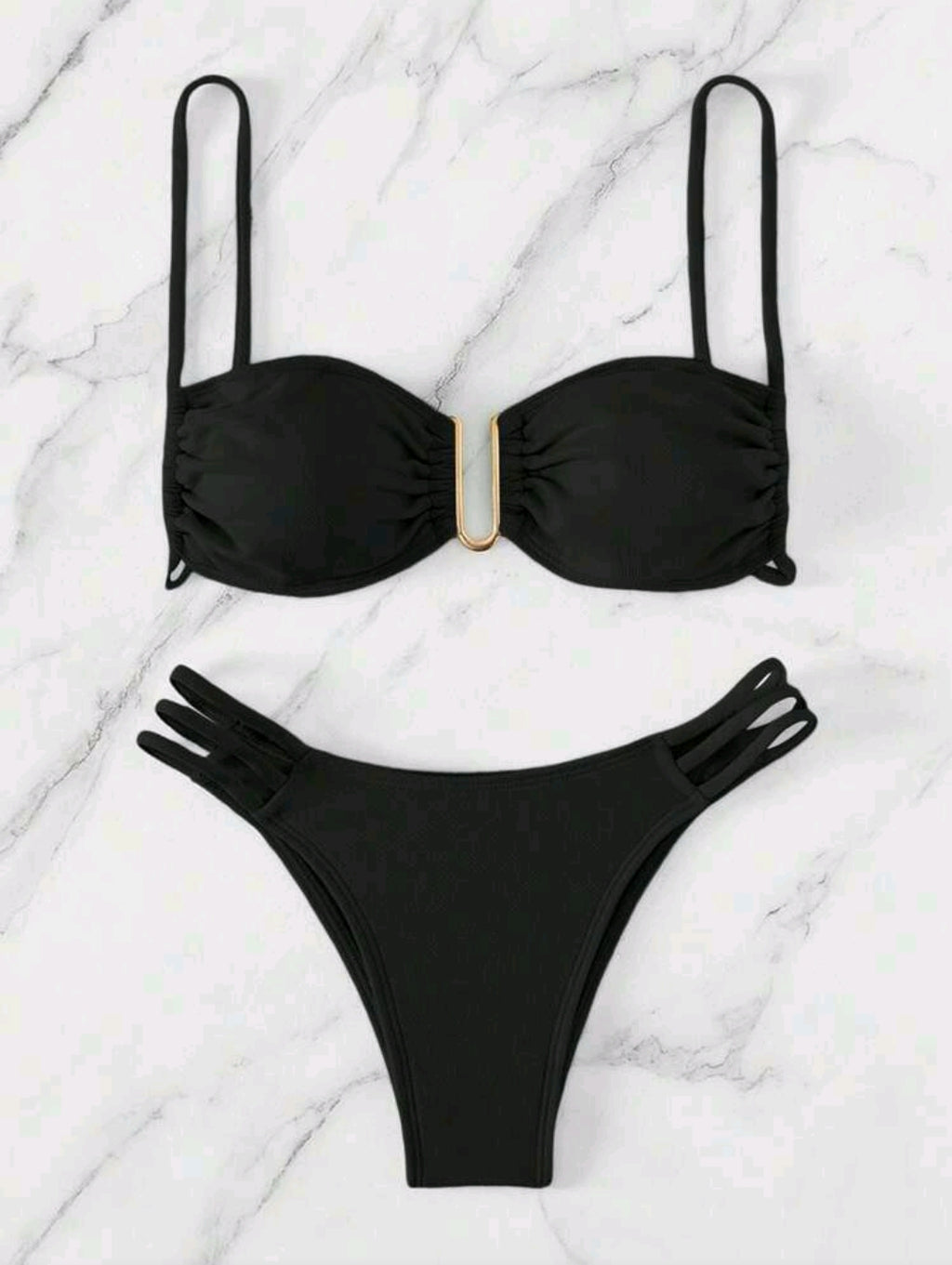 Swim Mod Women's Solid Color Ruched Sexy Bikini Swimsuit Set, U-Shaped Wire
