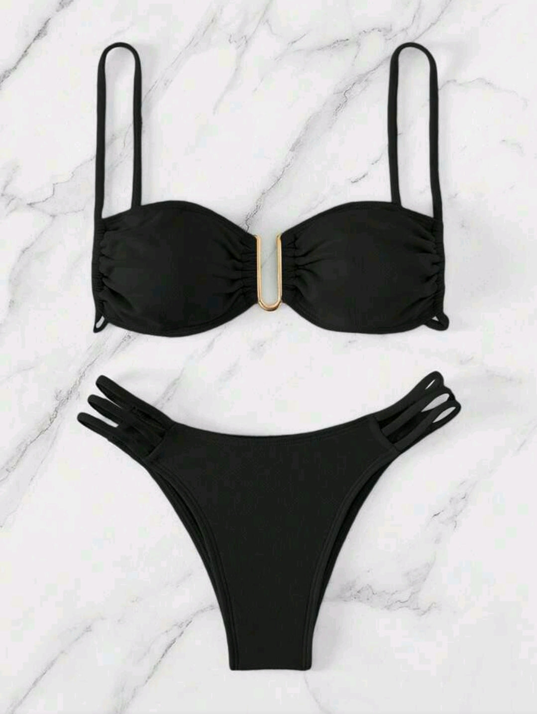 Swim Mod Women's Solid Color Ruched Sexy Bikini Swimsuit Set, U-Shaped Wire