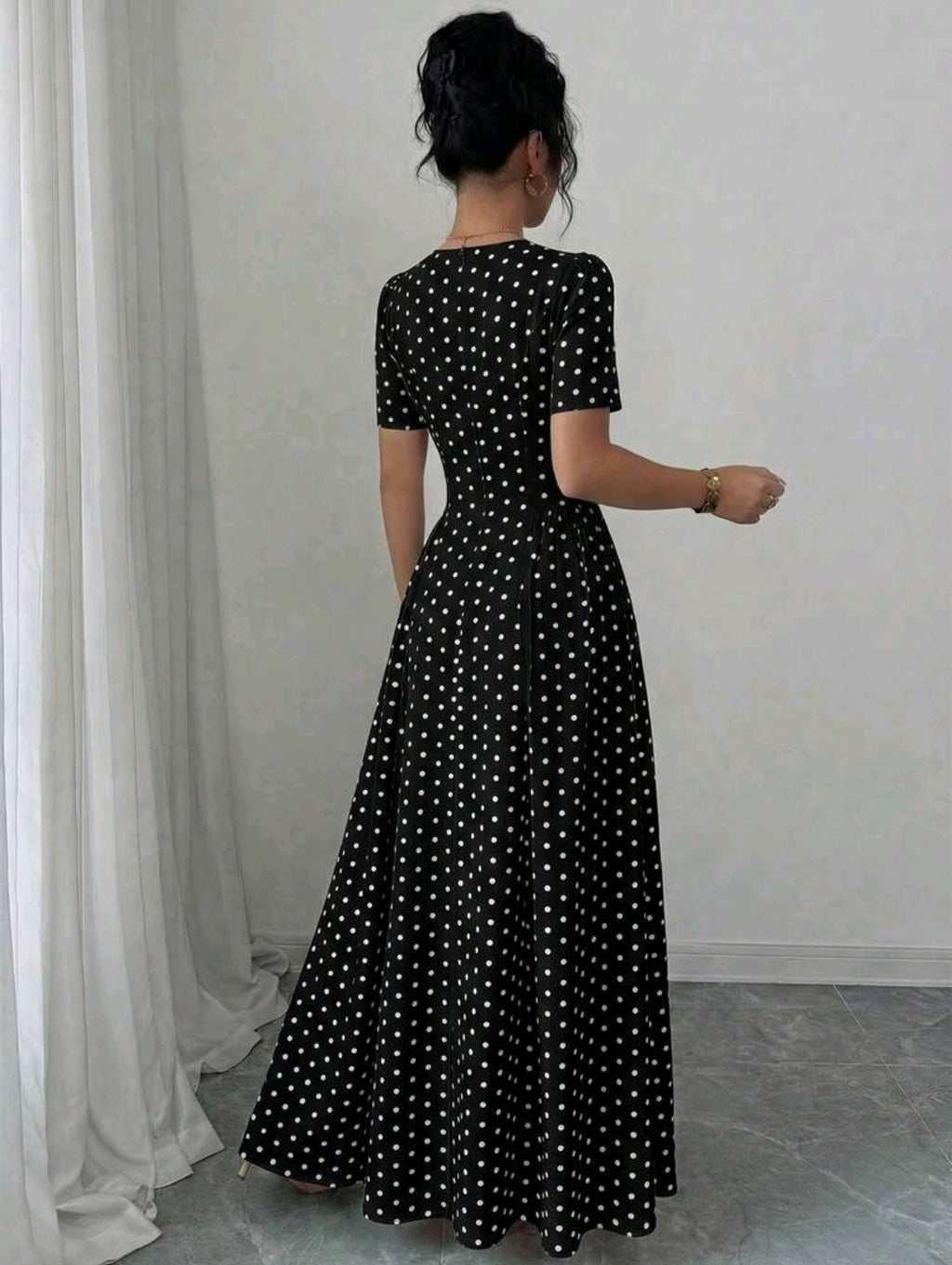 Elenzga Women's Elegant Romantic Polka Dot French Square Collar Puff Sleeve Cinched Waist Flowing Dress