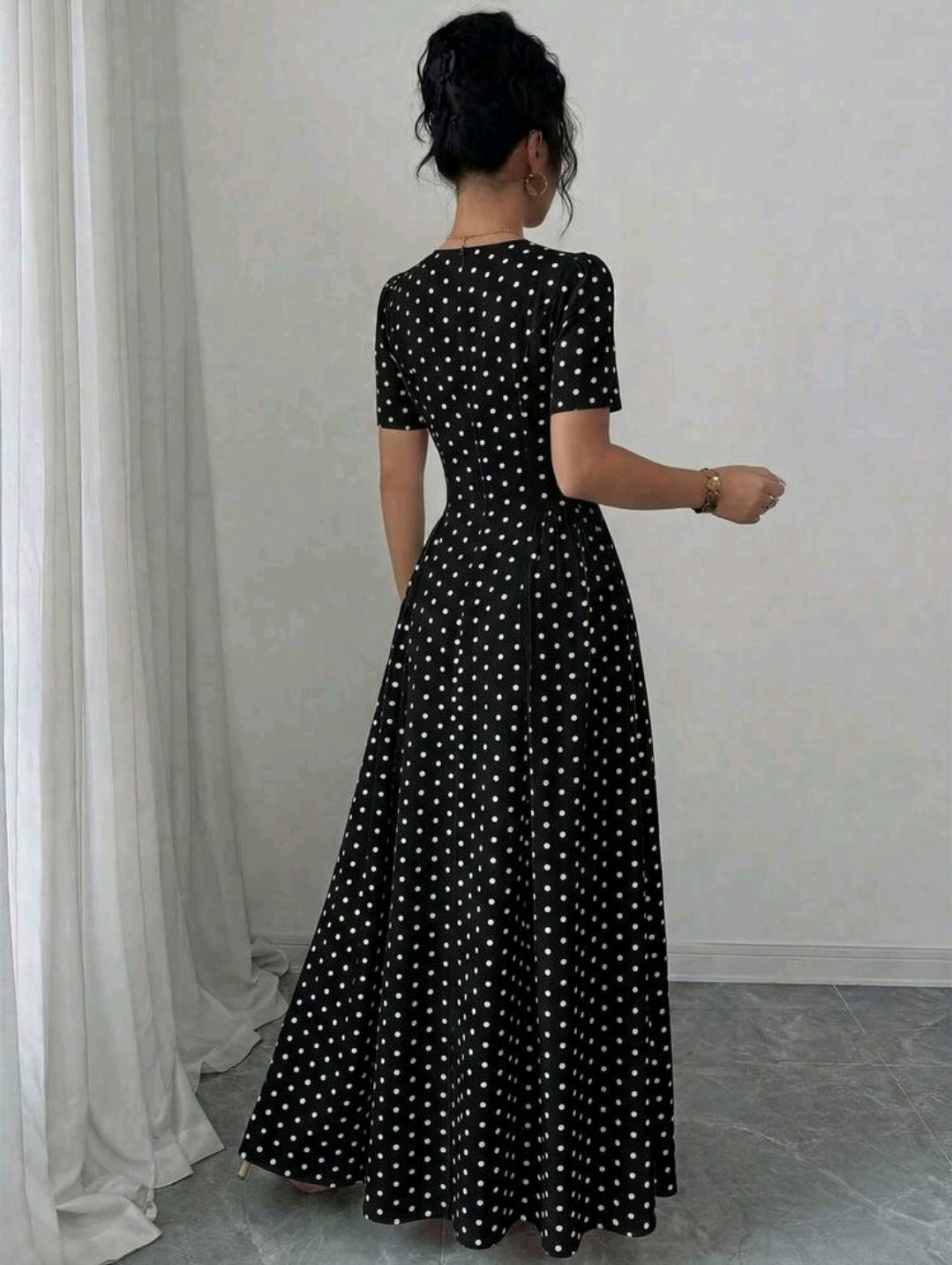 Elenzga Women's Elegant Romantic Polka Dot French Square Collar Puff Sleeve Cinched Waist Flowing Dress