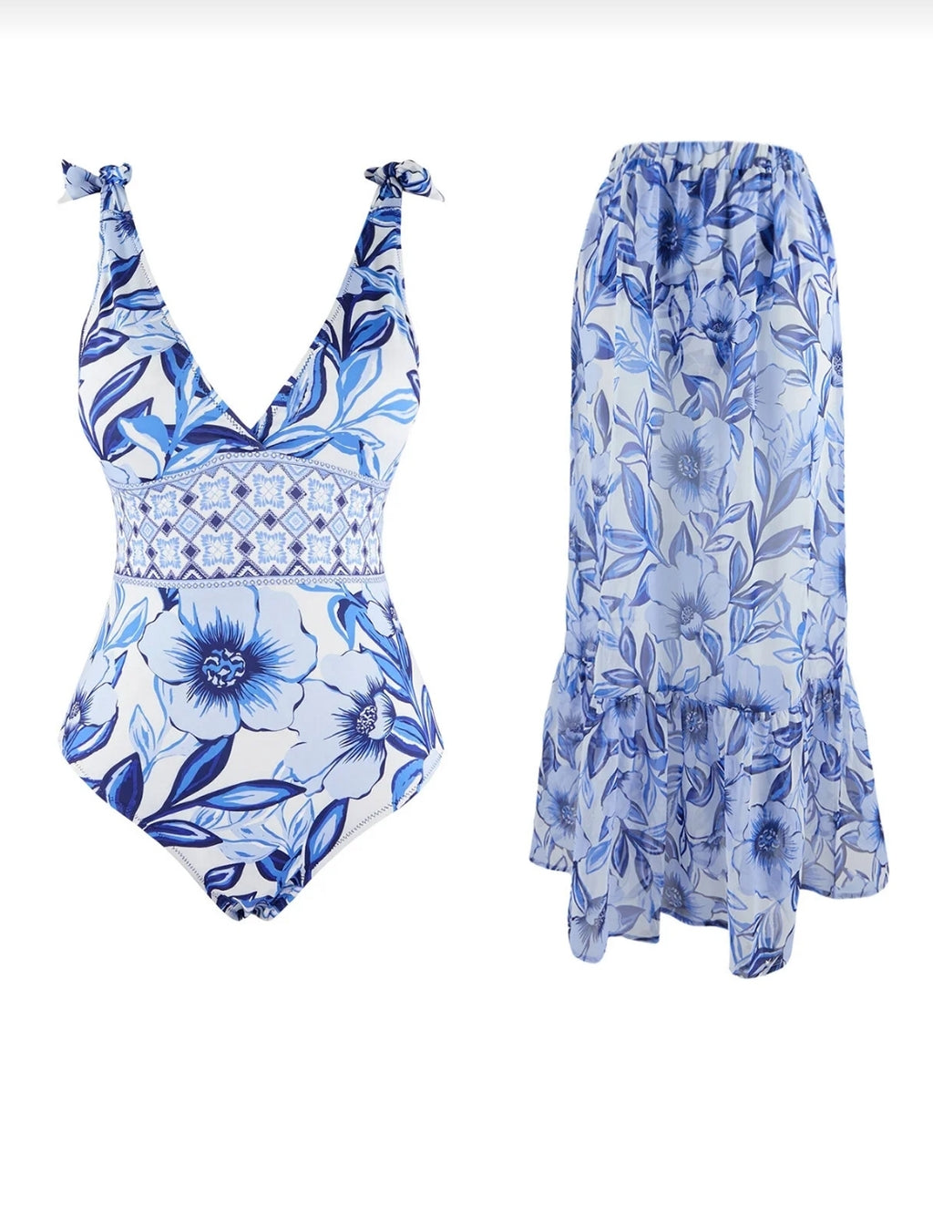 Floral Pattern Covered Deep V-Neck Regular 2-Piece
Suit Skirt Swimsuit Tbess26Ma00032