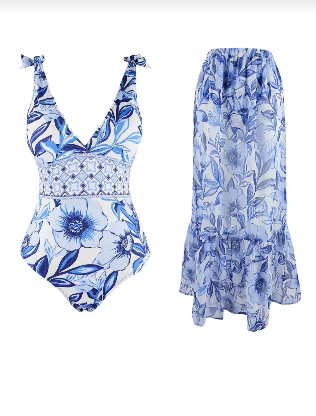 Floral Pattern Covered Deep V-Neck Regular 2-Piece
Suit Skirt Swimsuit Tbess26Ma00032