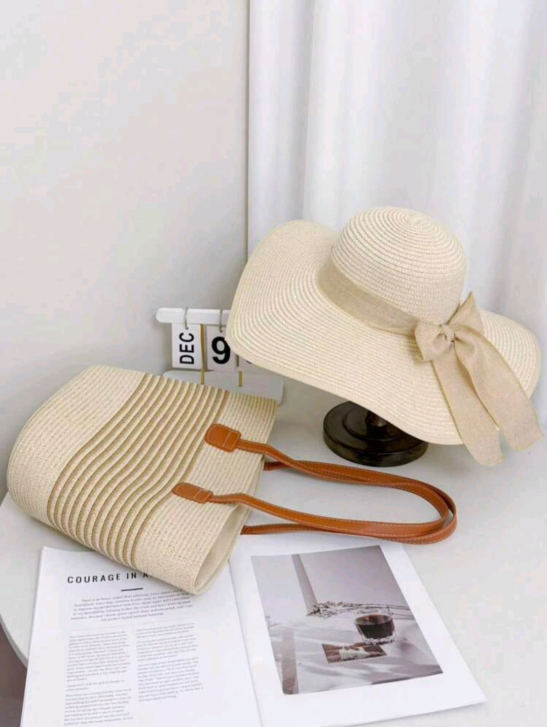 2 Pcs Set - Large Brim Straw Hat & Bag For Women, Summer Sun Protection, Beach Bowknot Decor Wide Brim Hat Valentines Gift