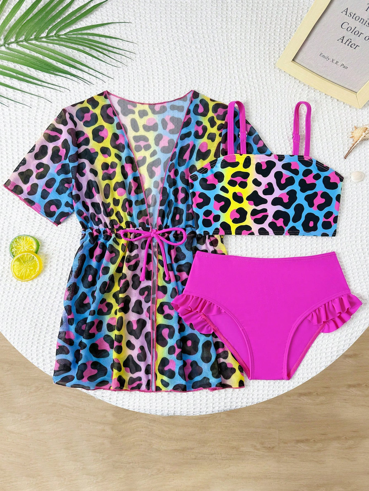 SHEIN GraphicGems 3pcs/Set Young Girls Swimwear Set, Cute Cartoon Print, Fashionable Casual Elegant Active Adorable, Suitable For Swimming, Vacation, Summer Summer Vacation Thermal Christmas Holiday Festival New Years Valentines Swim Girls Summer Swimwear