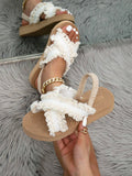 Women's Summer Wedge Sandals, Thick Sole Low Heel Open Toe Criss-Cross Strap Tassel Fringe Sandals, Brown, Beige, Suitable For Outdoor, Beach, Travel, Mix And Match, White