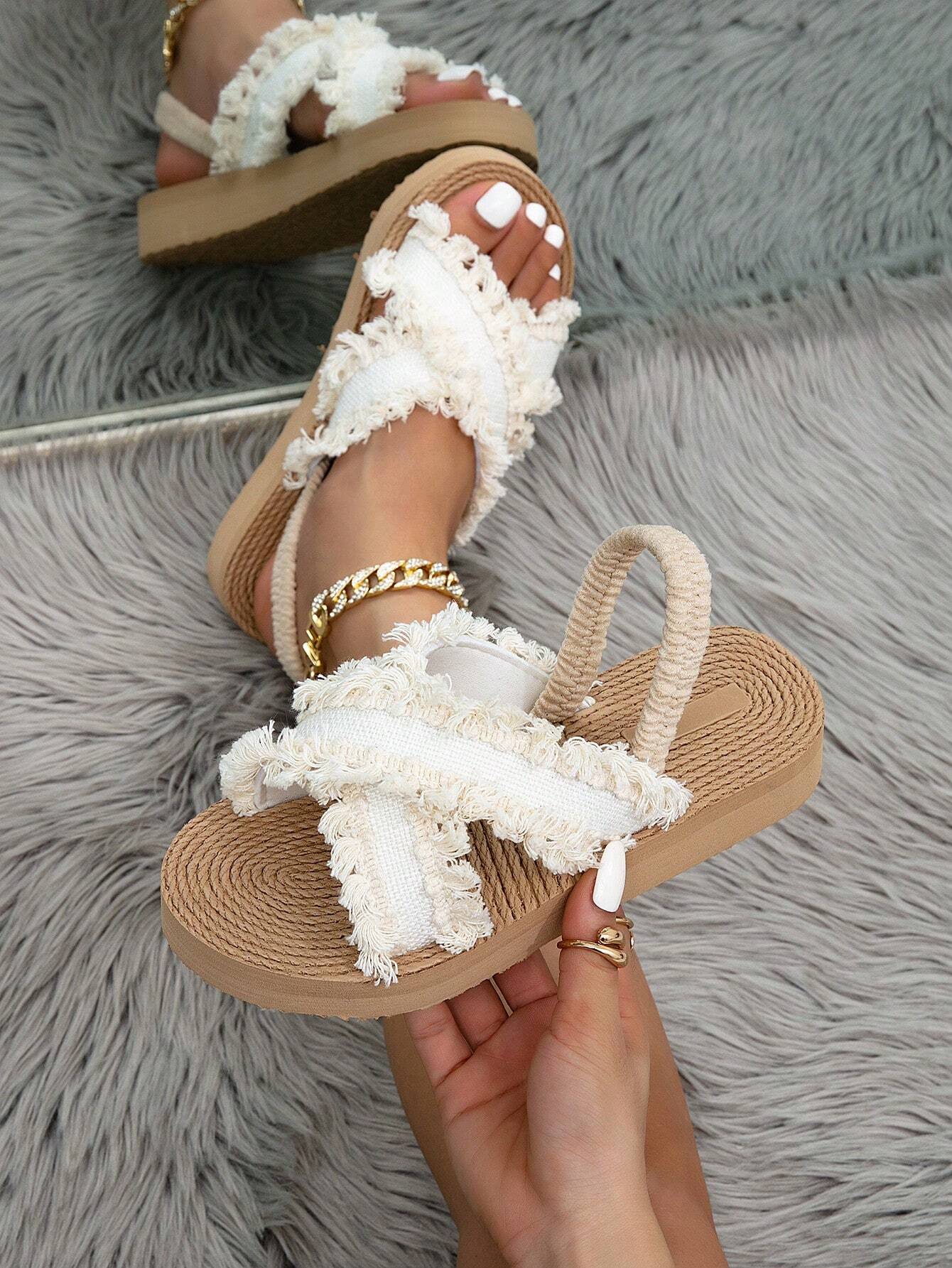 Women's Summer Wedge Sandals, Thick Sole Low Heel Open Toe Criss-Cross Strap Tassel Fringe Sandals, Brown, Beige, Suitable For Outdoor, Beach, Travel, Mix And Match, White
