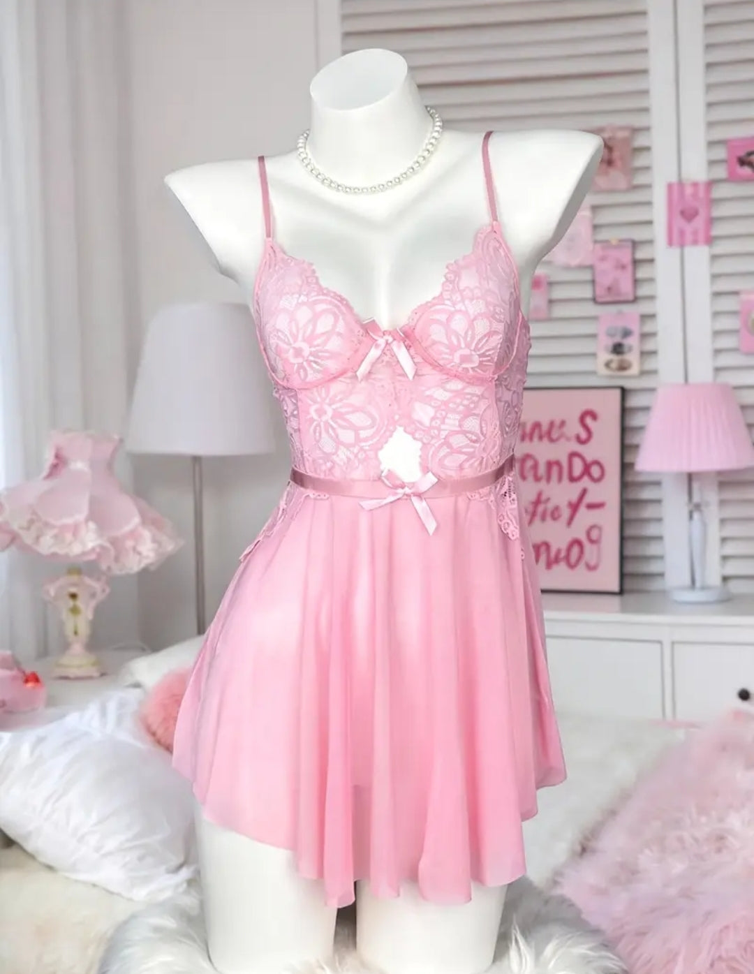 Women's Sexy Lace Mesh | Sheer Paneled Spaghetti Strap Hollow-Out Nightgown, a for Romantic Nights and Bedroom Seduction | Suitable for All Seasons in Sexy Pink | Enhances Feminine Charm, Perfect for Daily Wear and Romantic Evenings