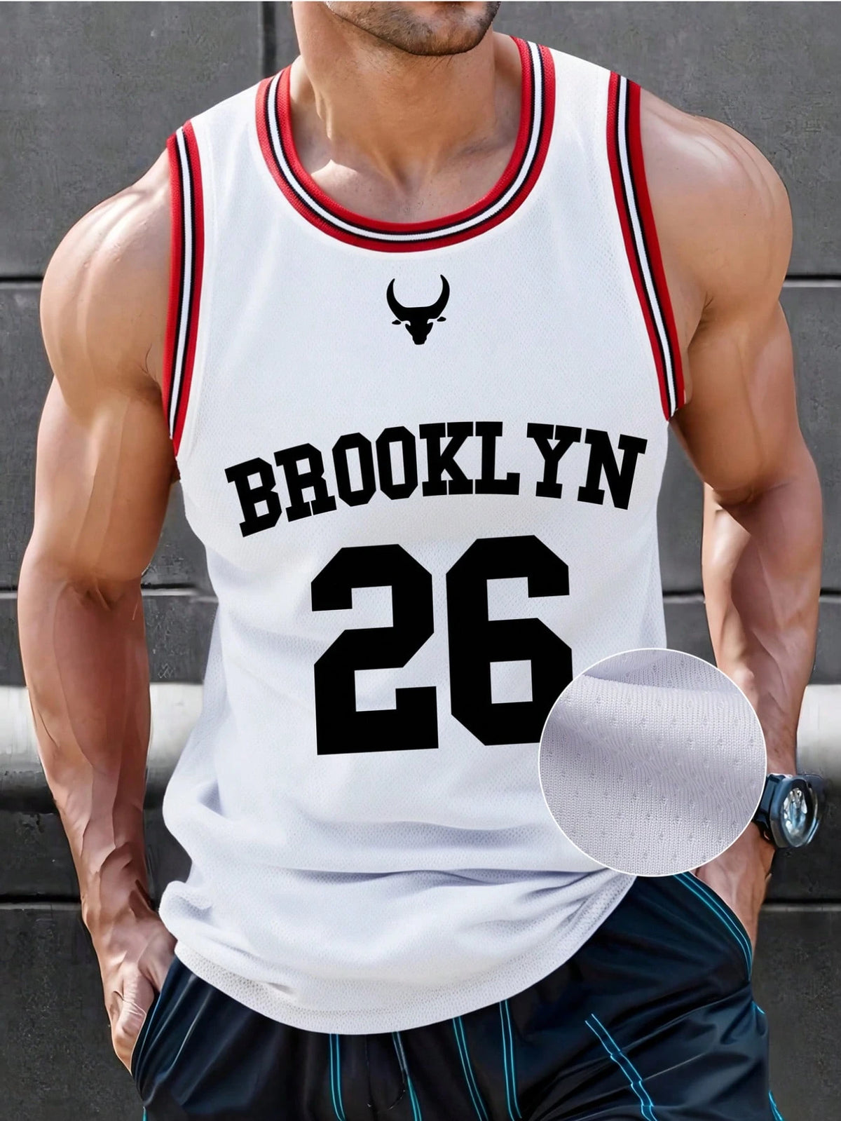Shwiy Men's Fashion Brooklyn Printed Basketball Team Number 26 Solid Color Patchwork Round Neck Sleeveless Casual Basketball Jersey, Spring/Summer
