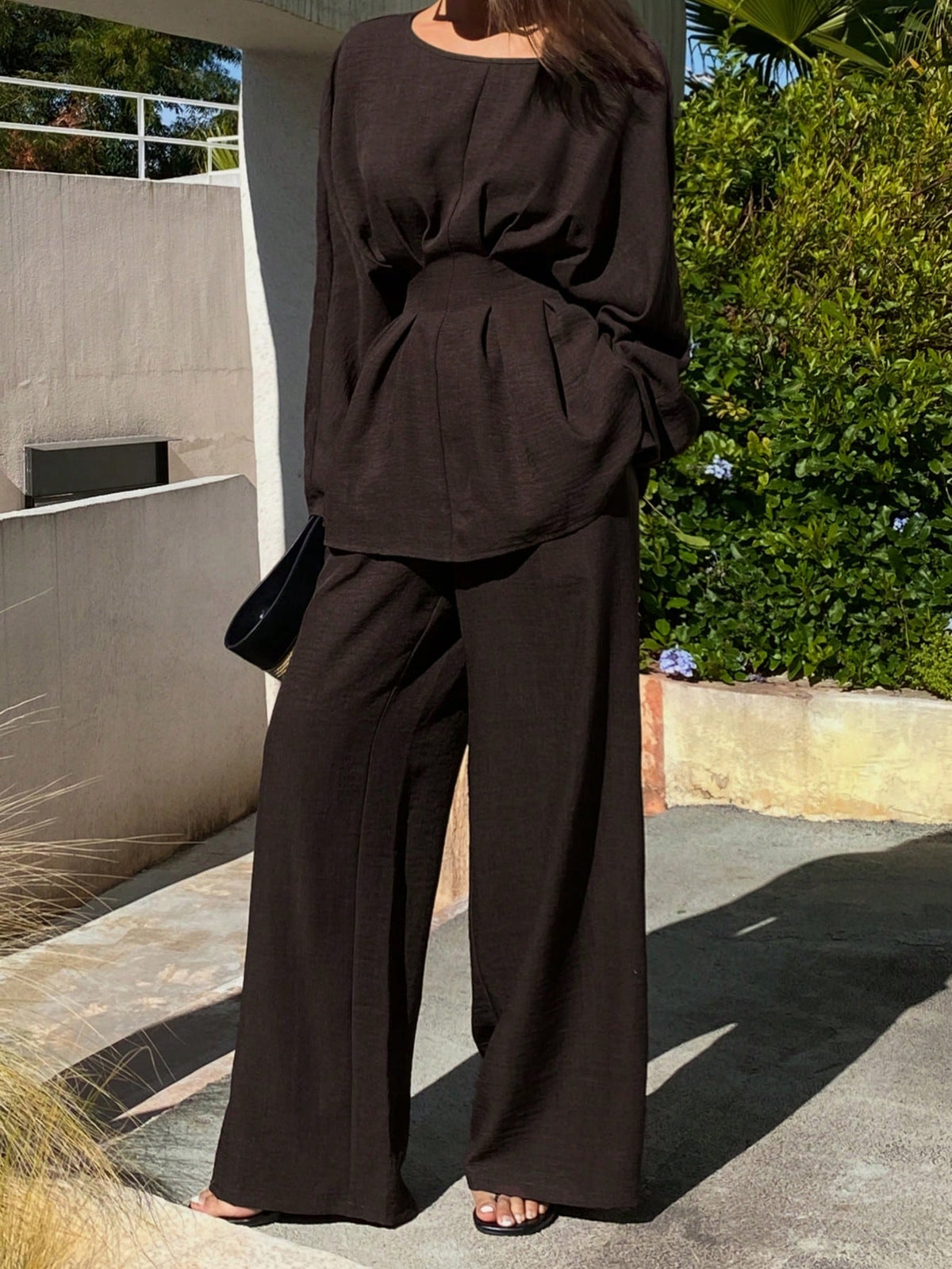Livesso Loose Cream,Summmer,Elegant,Tea Party Business Casual Ruffled Waist Office Wear Pullover Top And Straight Leg Pants Two Pieces Suit Lounge Sets Women