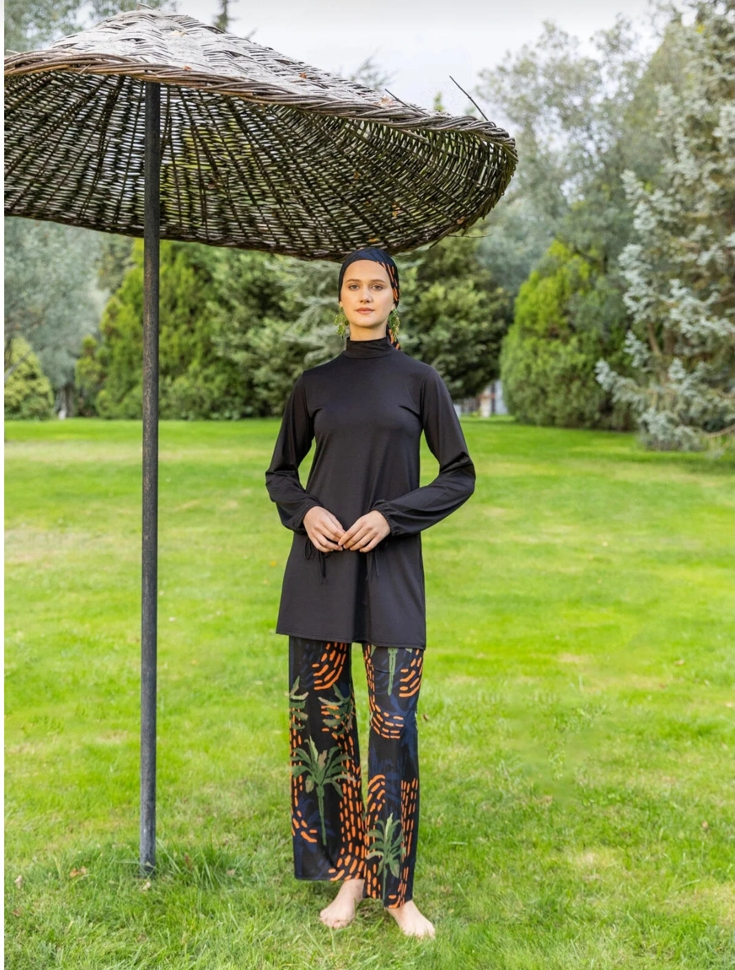 Alfasa 5-Piece Mock Neck Chiffon Woven Comfortable Quick-Drying Palm
Patterned Hijab Swimsuit