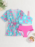 SHEIN GraphicGems 3pcs/Set Young Girls Swimwear Set, Cute Cartoon Print, Fashionable Casual Elegant Active Adorable, Suitable For Swimming, Vacation, Summer Summer Vacation Thermal Christmas Holiday Festival New Years Valentines Swim Girls Summer Swimwear