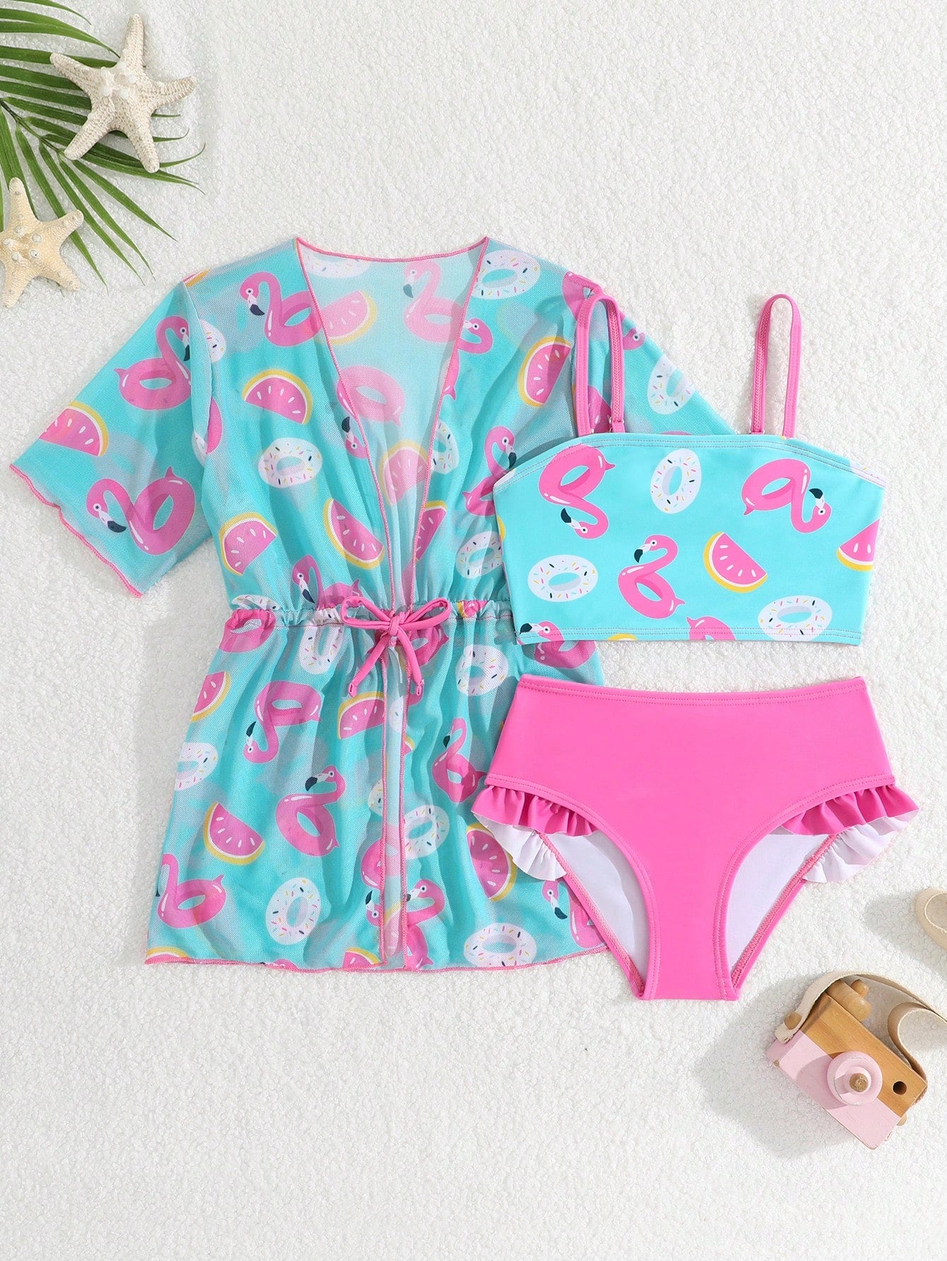 SHEIN GraphicGems 3pcs/Set Young Girls Swimwear Set, Cute Cartoon Print, Fashionable Casual Elegant Active Adorable, Suitable For Swimming, Vacation, Summer Summer Vacation Thermal Christmas Holiday Festival New Years Valentines Swim Girls Summer Swimwear