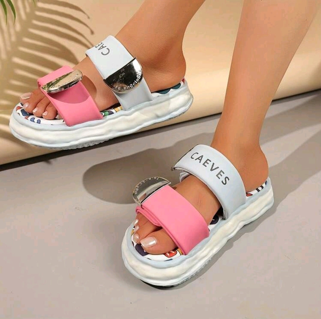 Women's Thick Sole Minimalist Fashion Dopamine Graffiti Print Hook And Loop Sandals