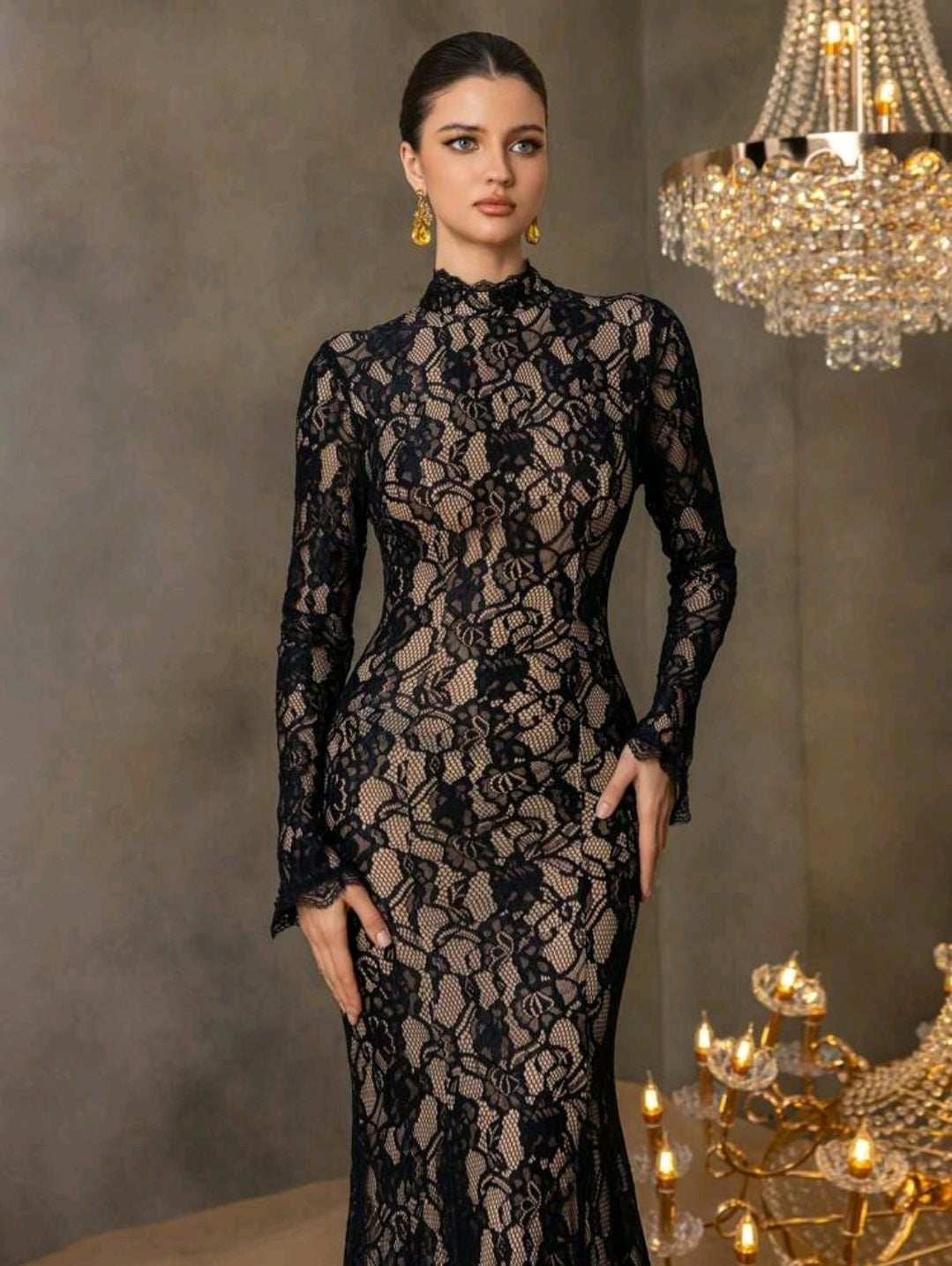 Faeriesty This Elegant Women's Formal Evening Gown Features A Sophisticated Stand Collar, Long Sleeves, And A Captivating Mermaid-Style Skirt, Making It Suitable For Grand Weddings, Luxurious Ballroom Galas, High-End Corporate Events, Exclusive Charity Di