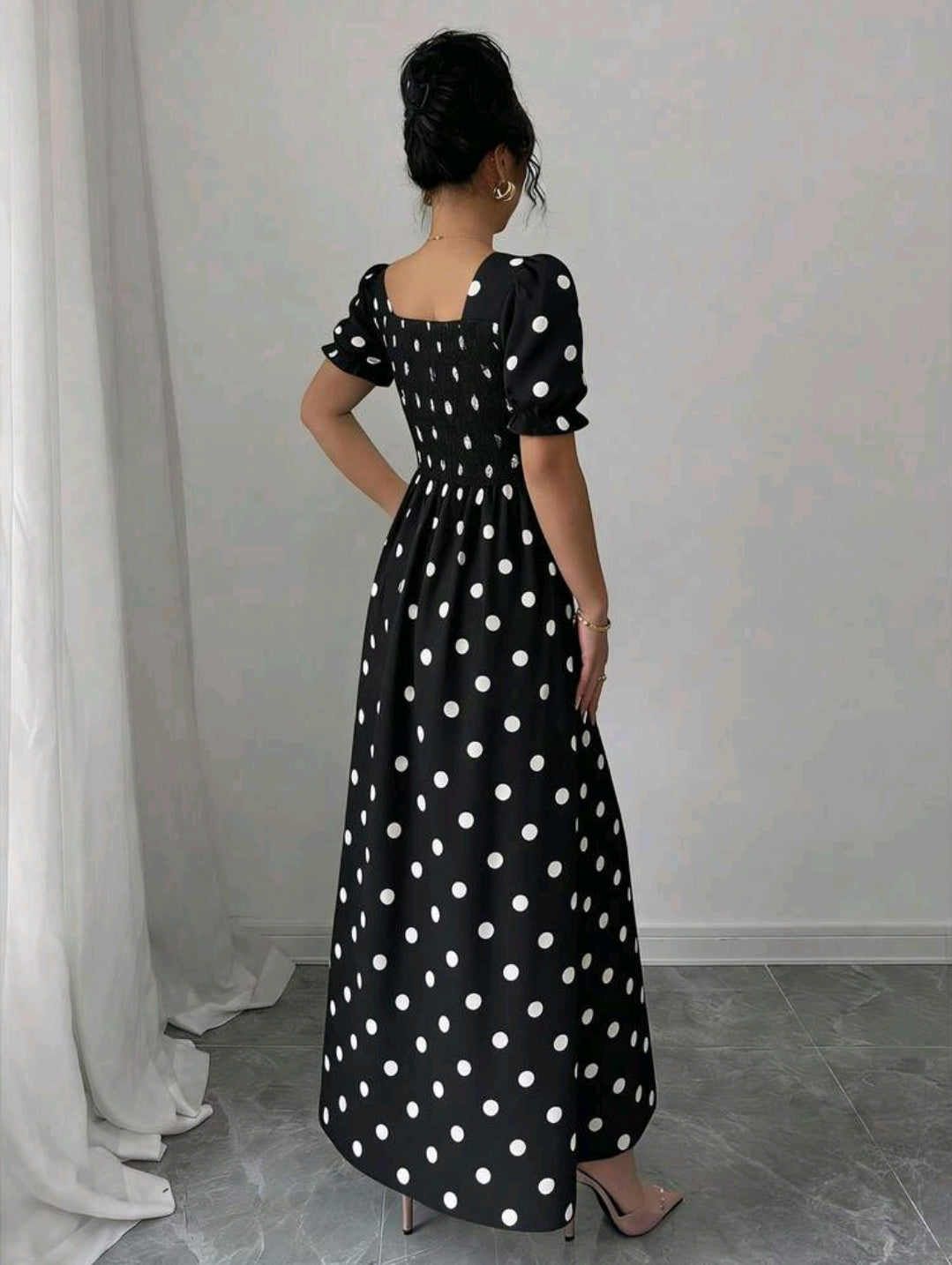 Rafferiza Stylish Women's Black Polka Dot A Line Long Dress With Sweetheart Neckline And Short Puff Sleeves
