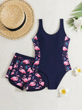 SHEIN Tween Girl Swimsuit/One-Piece Swimsuit/Printed Reversible/2pcs Set